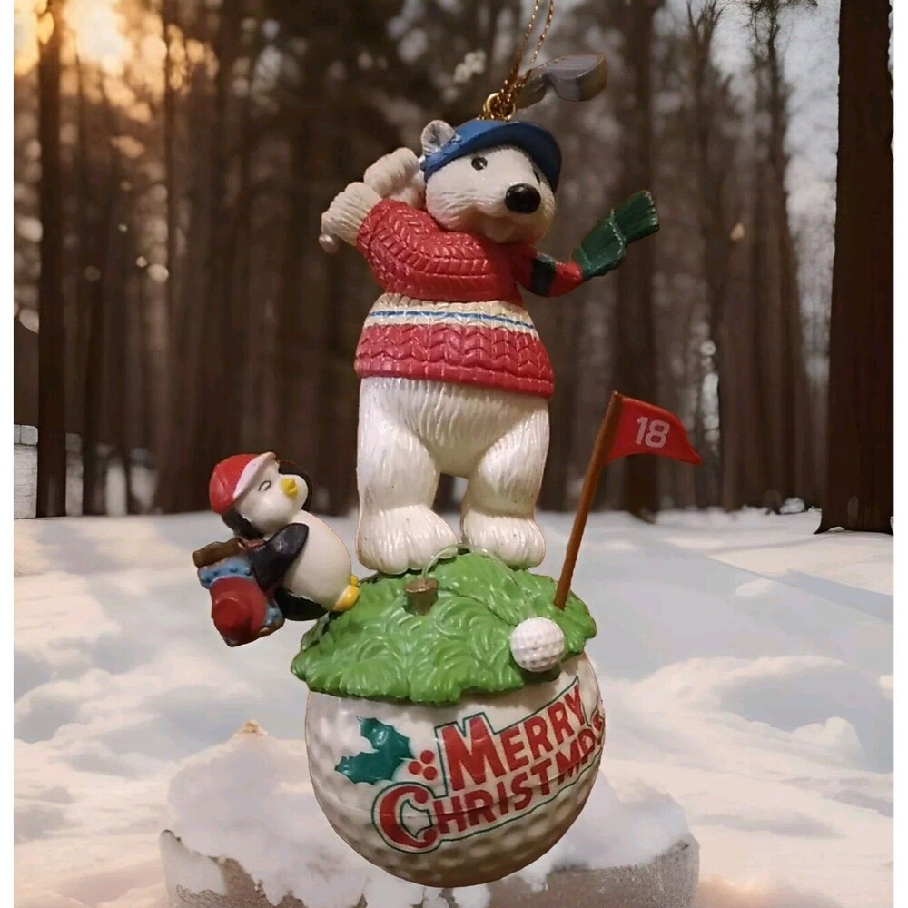 Vintage Christmas Tree Ornament Polar Bear Golfing Golf Ball Penguin Caddy